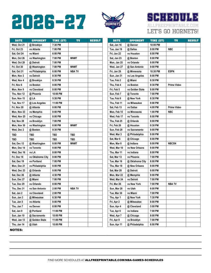 Free Printable 2026-27 Charlotte Hornets Schedule PDF