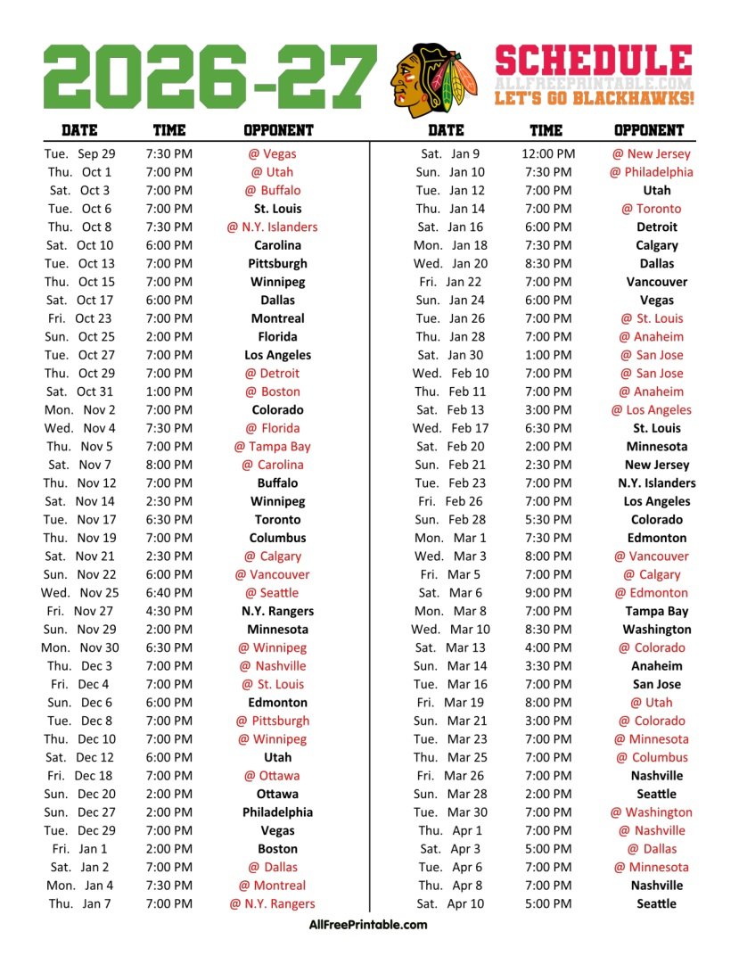 Free Printable 2026-27 Chicago Blackhawks Schedule PDF