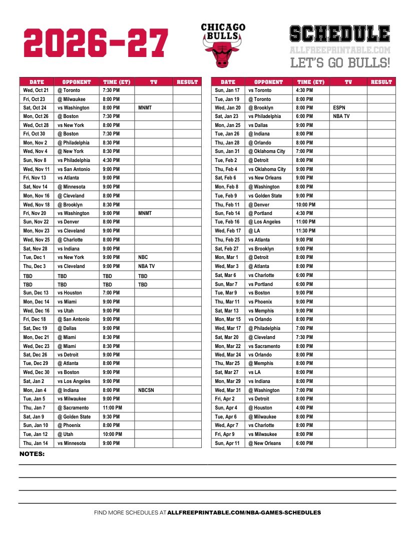 Free Printable 2026-27 Chicago Bulls Schedule PDF