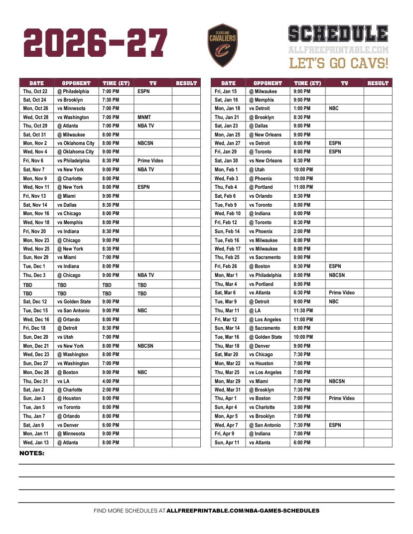 Free Printable 2026-27 Cleveland Cavaliers Schedule PDF