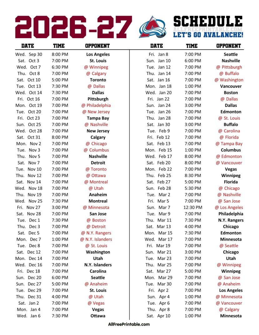 Free Printable 2026-27 Colorado Avalanche Schedule PDF