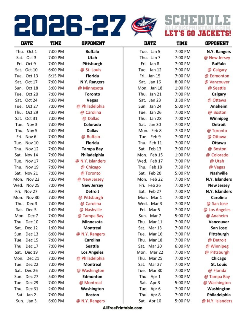 Free Printable 2026-27 Columbus Blue Jackets Schedule PDF