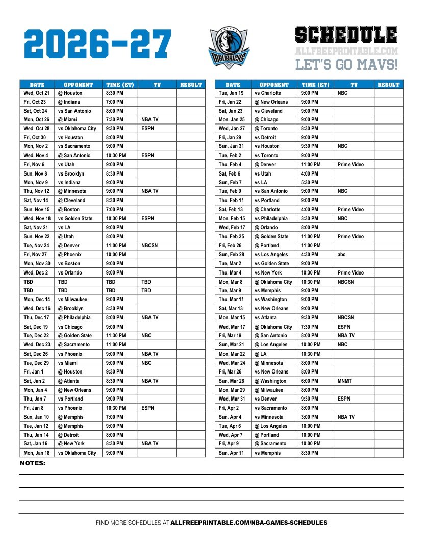 Free Printable 2026-27 Dallas Mavericks Schedule PDF
