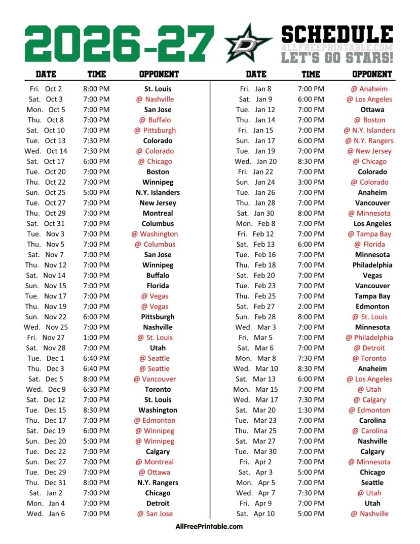 Free Printable 2026-27 Dallas Stars Schedule PDF Free Printable 2026-27 Dallas Stars Schedule PDF