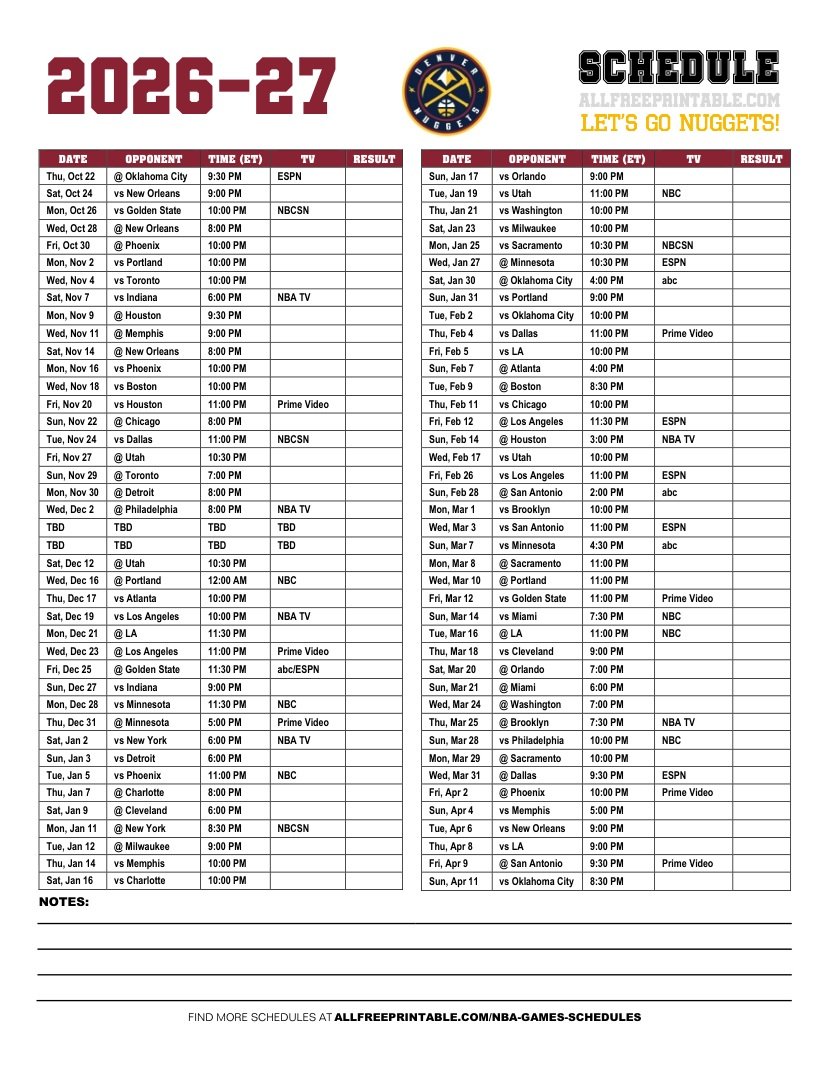 Free Printable 2026-27 Denver Nuggets Schedule PDF