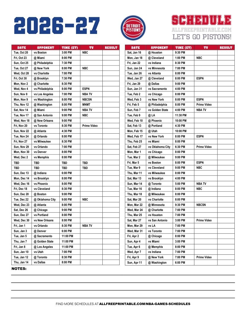 Free Printable 2026-27 Detroit Pistons Schedule PDF