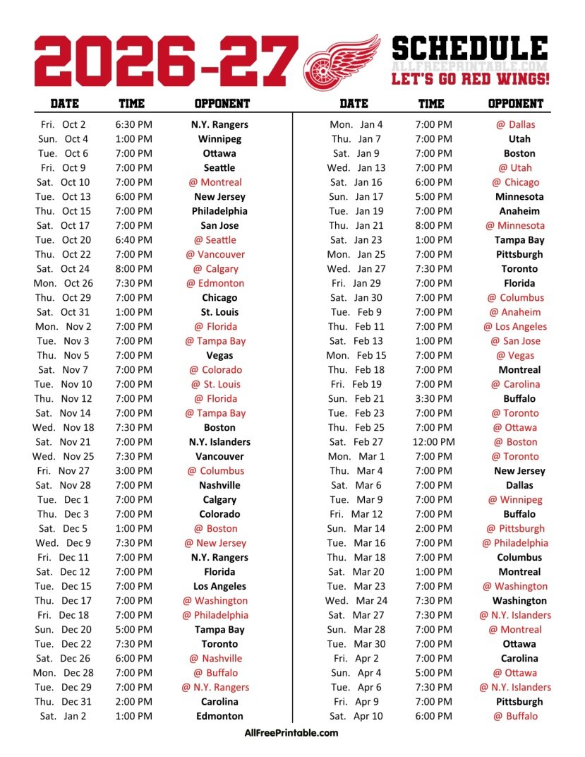 Free Printable 2026-27 Detroit Red Wings Schedule PDF