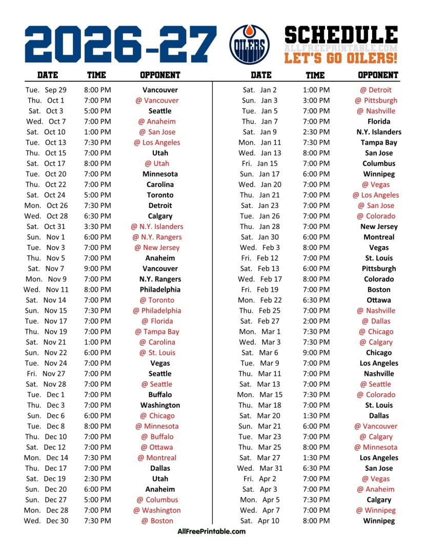 Free Printable 2026-27 Edmonton Oilers Schedule PDF