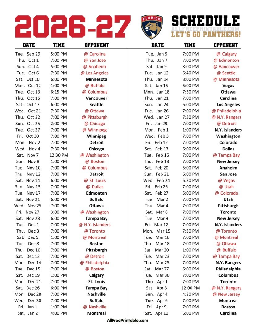 Free Printable 2026-27 Florida Panthers Schedule PDF