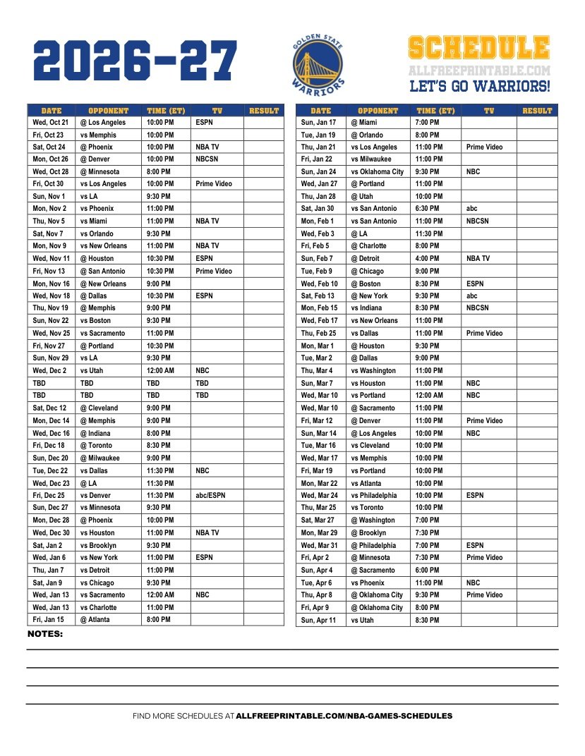 Free Printable 2026-27 Golden State Warriors Schedule PDF