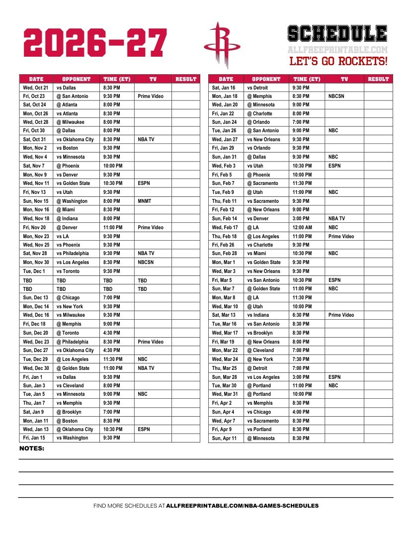 Free Printable 2026-27 Houston Rockets Schedule PDF