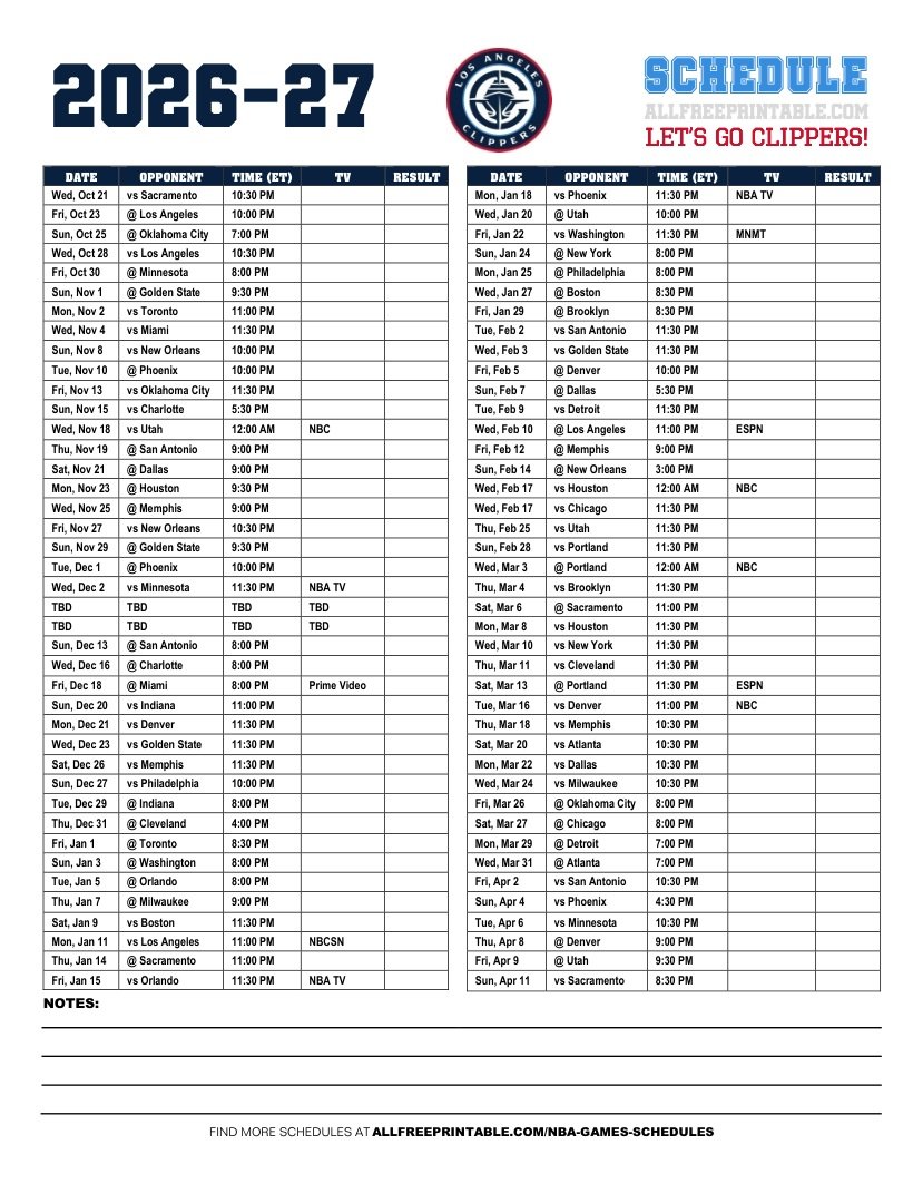 Free Printable 2026-27 LA Clippers Schedule PDF