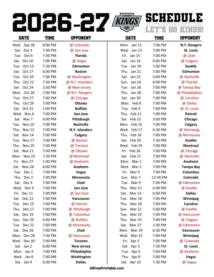 Free Printable 2026-27 Los Angeles Kings Schedule PDF