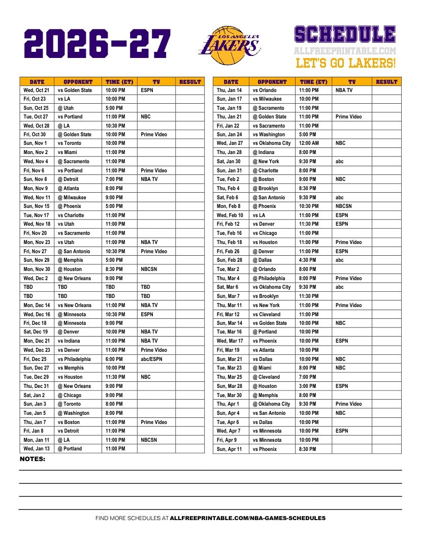 Free Printable 2026-27 Los Angeles Lakers Schedule PDF