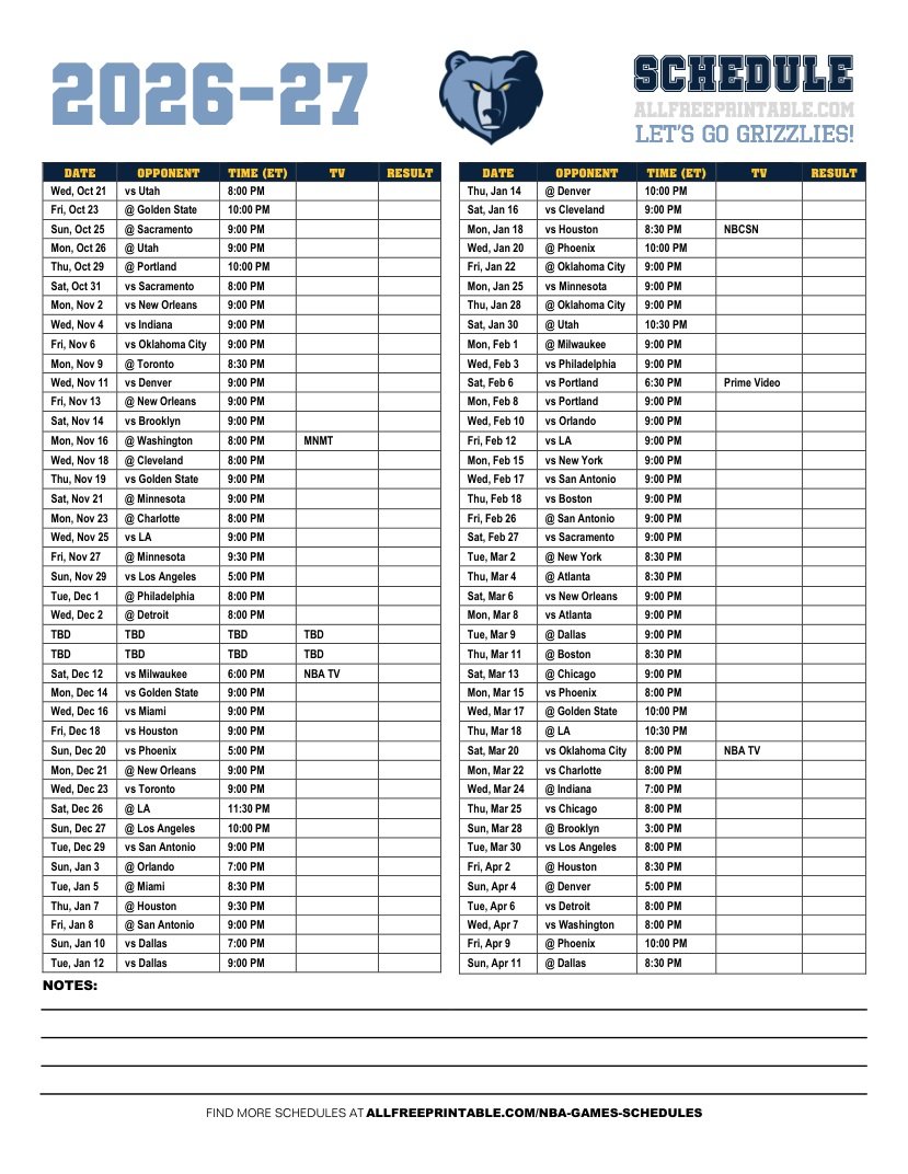 Free Printable 2026-27 Memphis Grizzlies Schedule PDF