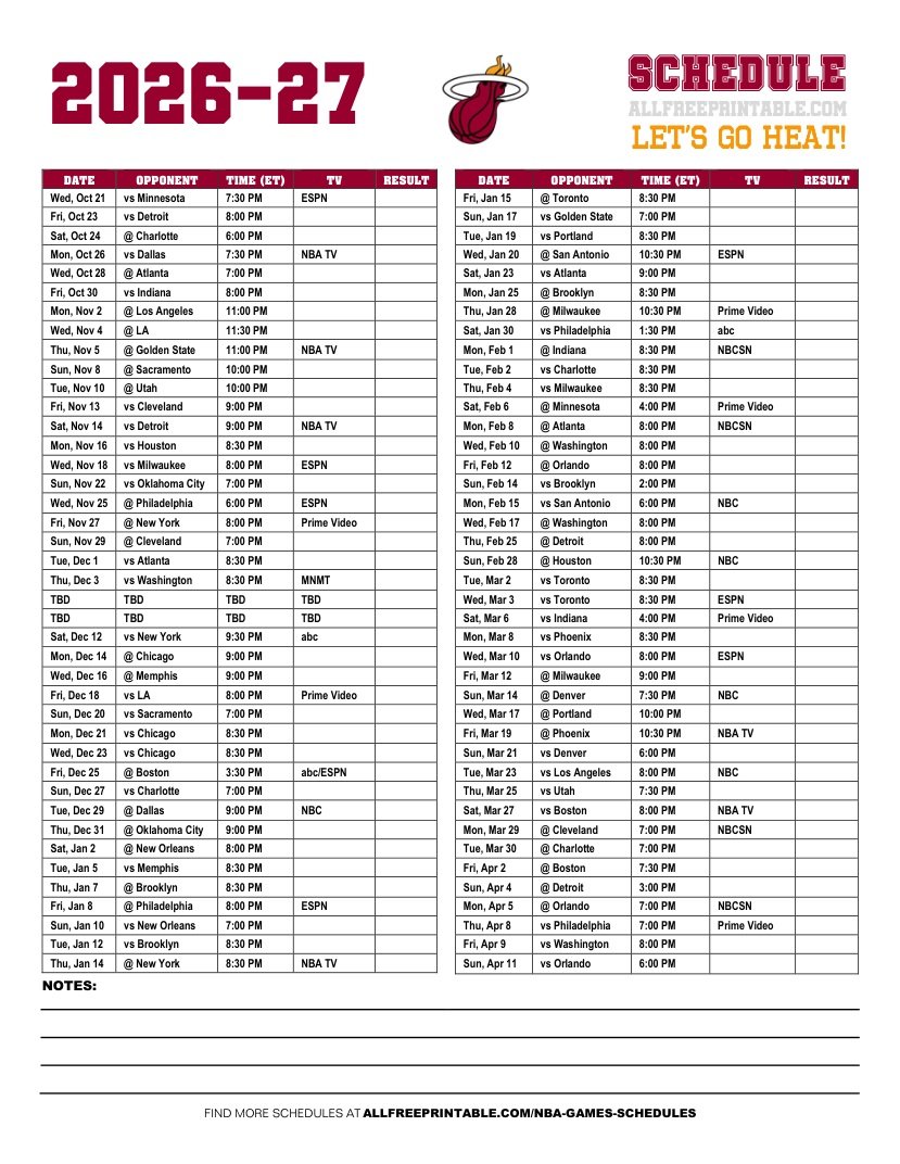 Free Printable 2026-27 Miami Heat Schedule