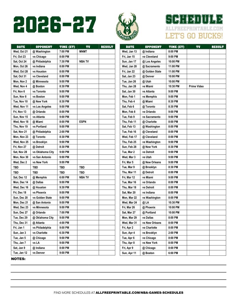 Free Printable 2026-27 Milwaukee Bucks Schedule PDF