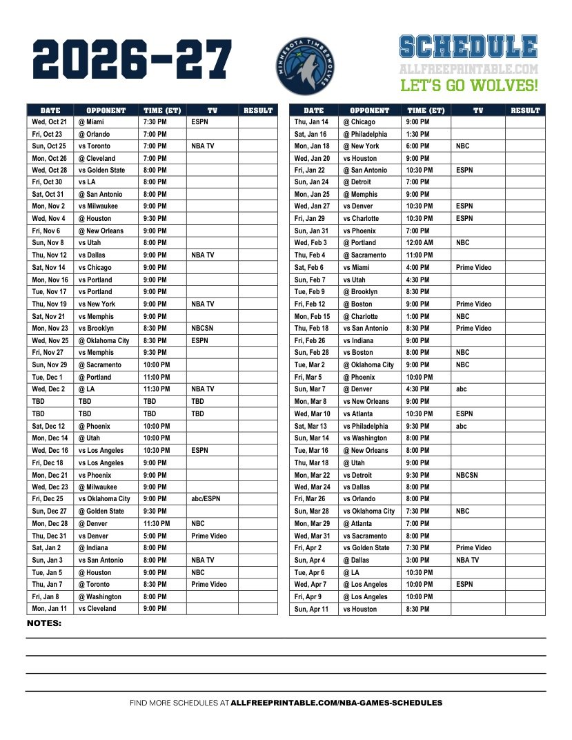 Free Printable 2026-27 Minnesota Timberwolves Schedule PDF