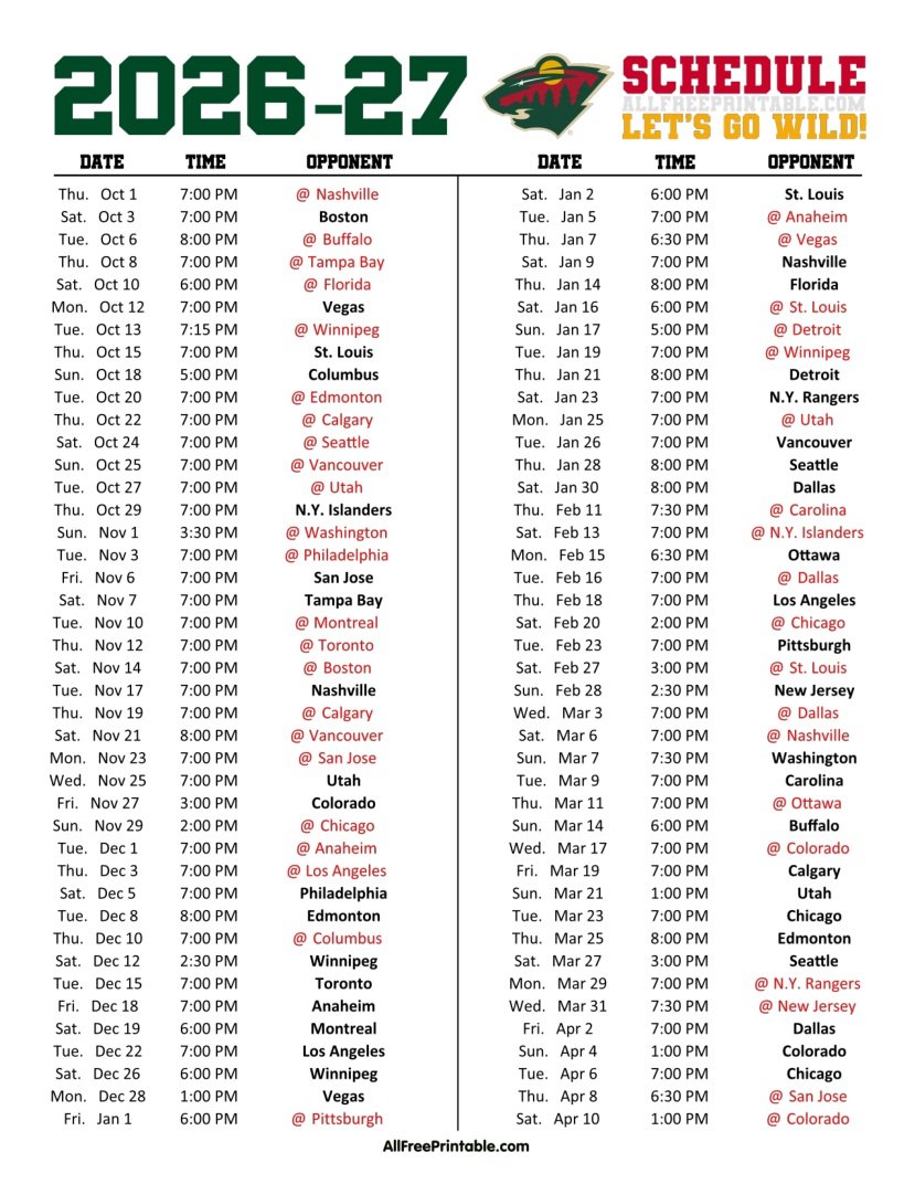 Free Printable 2026-27 Minnesota Wild Schedule PDF