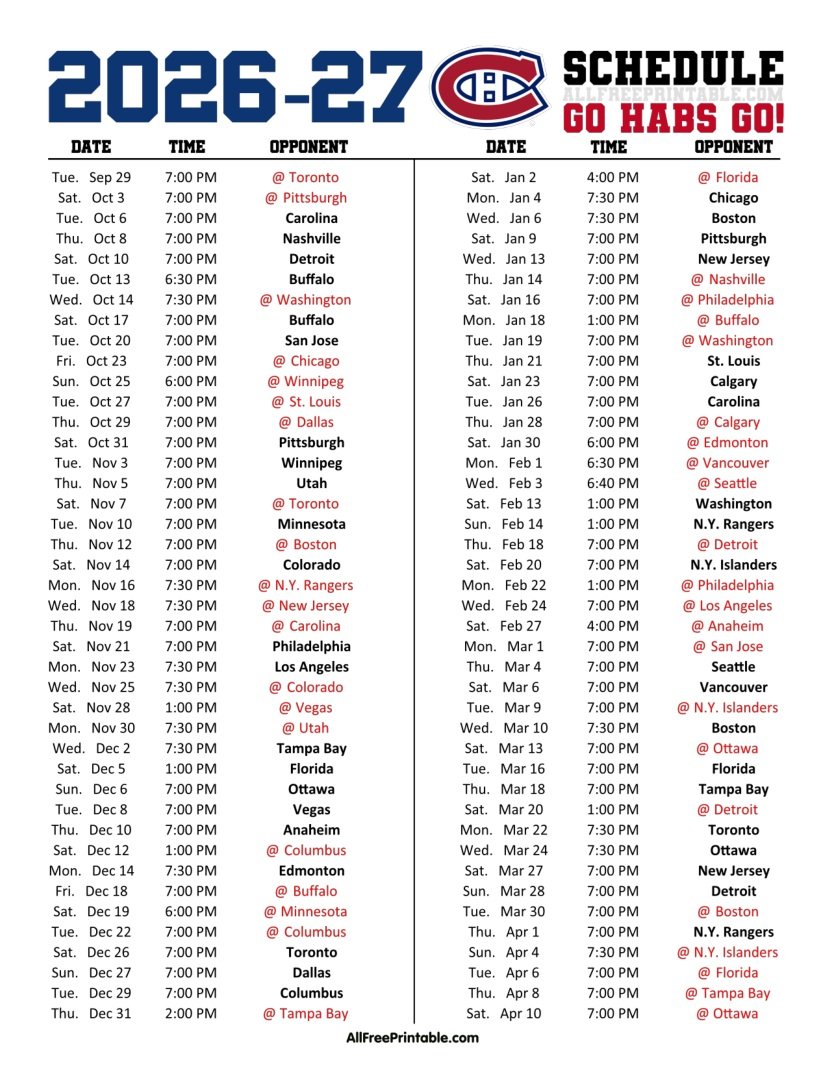 Free Printable 2026-27 Montreal Canadiens Schedule PDF