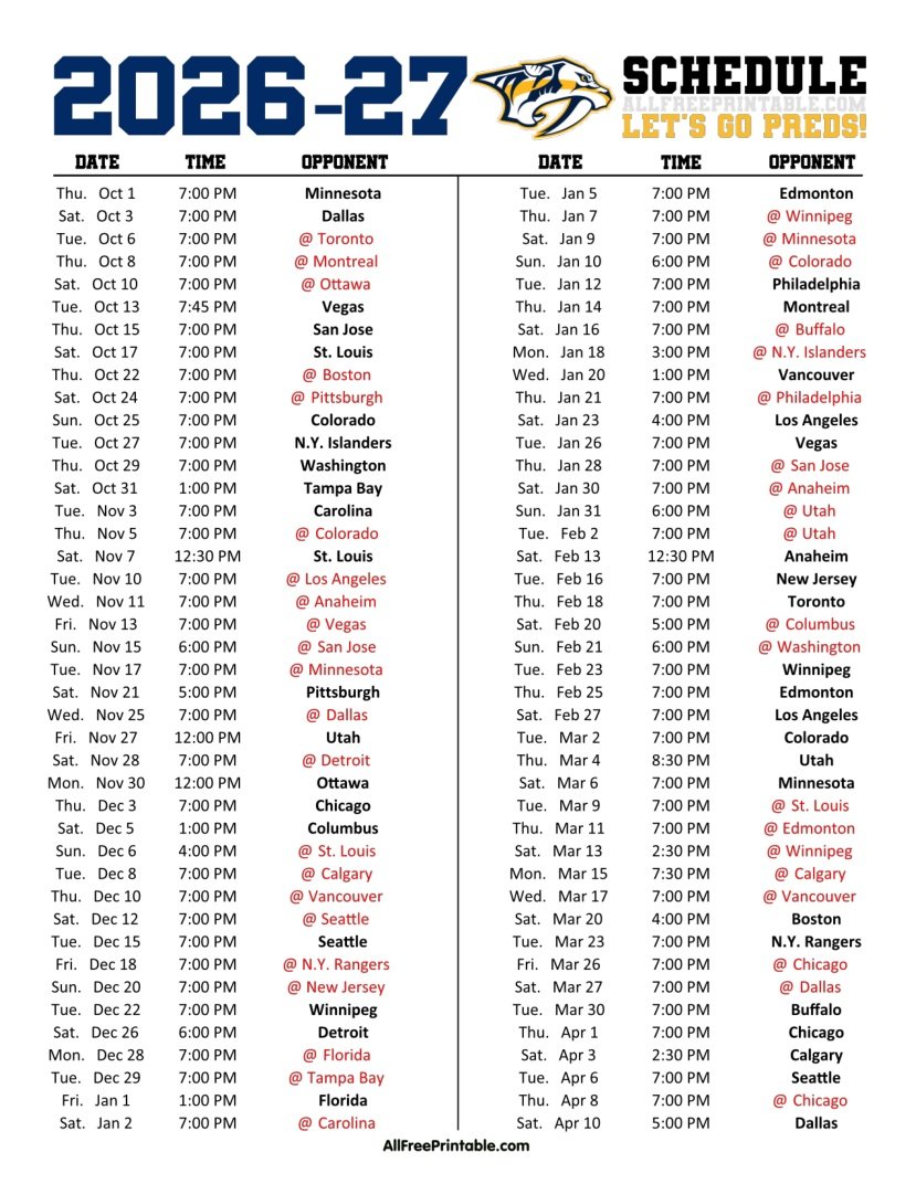 Free Printable 2026-27 Nashville Predators Schedule PDF