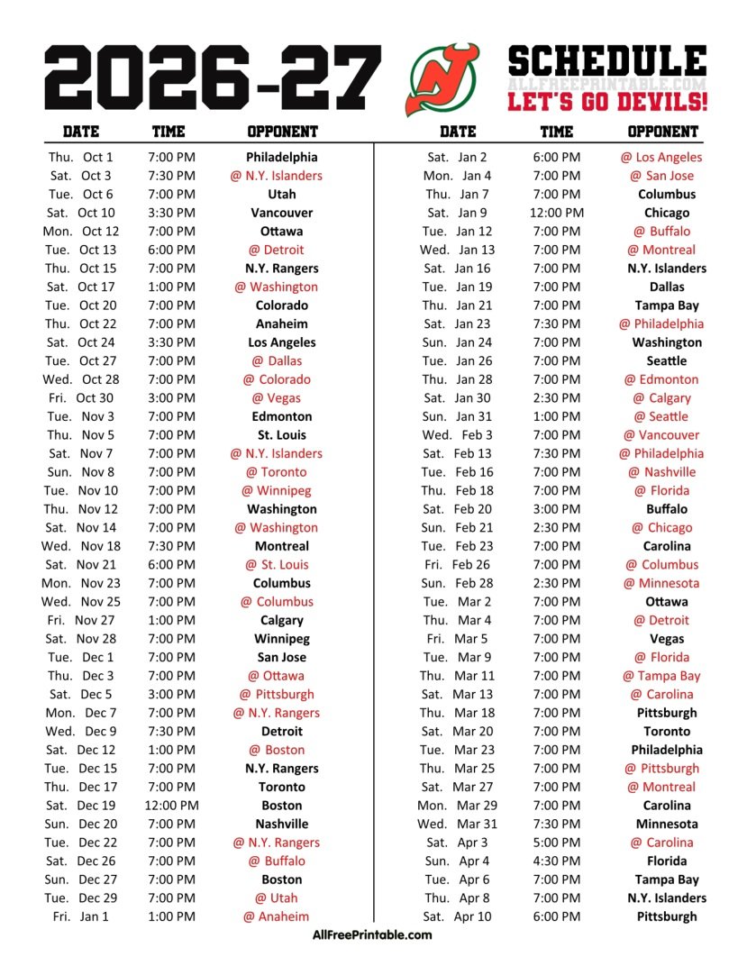 Free Printable 2026-27 New Jersey Devils Schedule PDF
