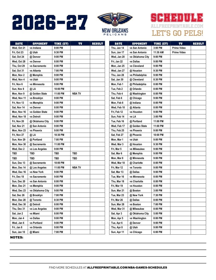 Free Printable 2026-27 New Orleans Pelicans Schedule PDF