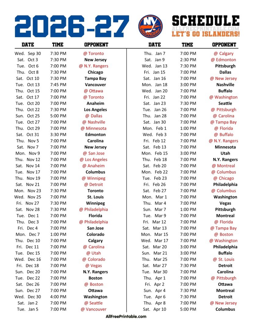 Free Printable 2026-27 New York Islanders Schedule PDF