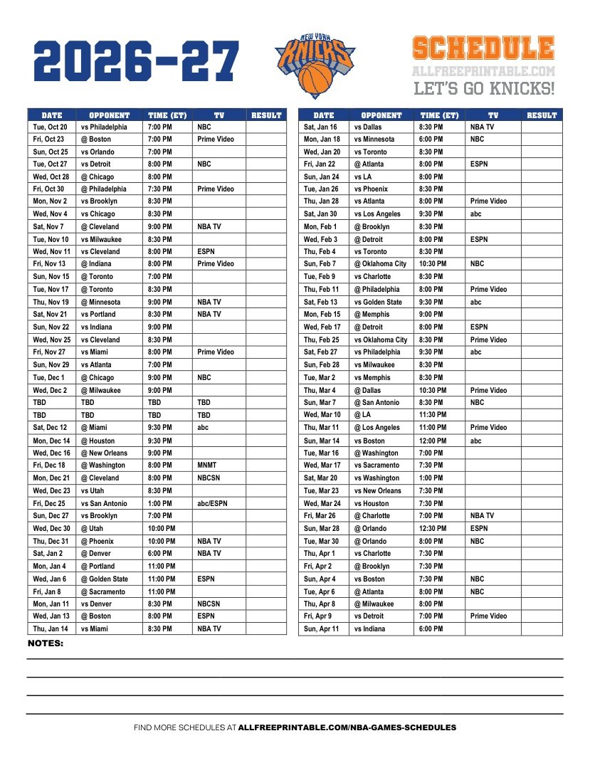 Free Printable 2026-27 New York Knicks Schedule PDF