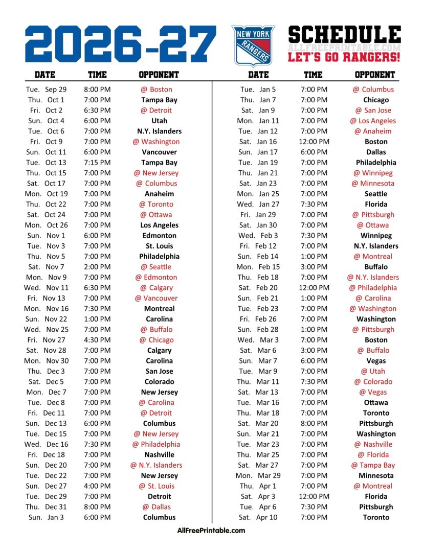 Free Printable 2026-27 New York Rangers Schedule PDF