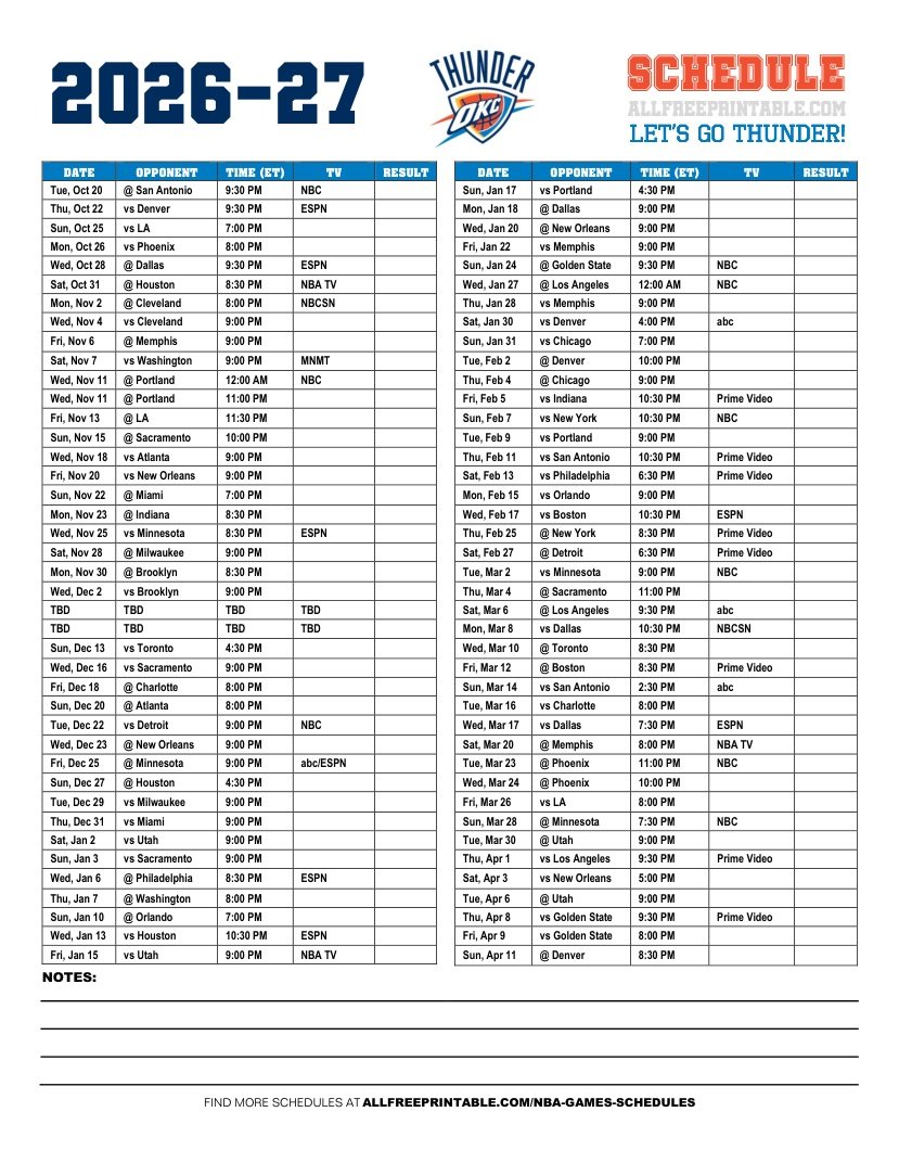 Free Printable 2026-27 Oklahoma City Thunder Schedule PDF