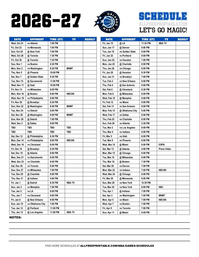 Free Printable 2026-27 Orlando Magic Schedule
