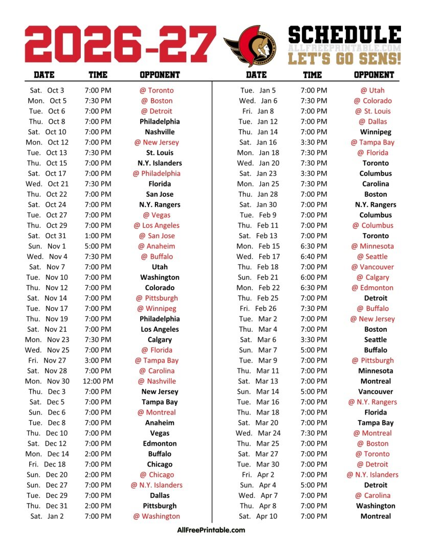 Free Printable 2026-27 Ottawa Senators Schedule PDF