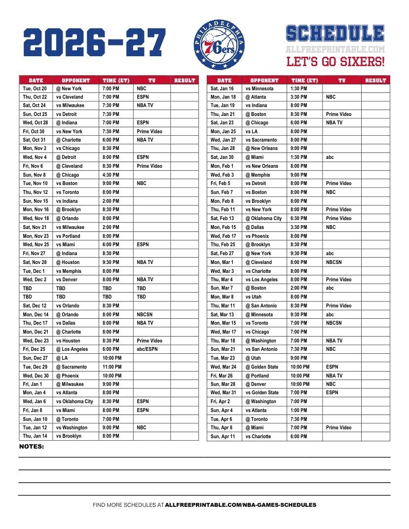 Free Printable 2026-27 Philadelphia 76ers Schedule PDF