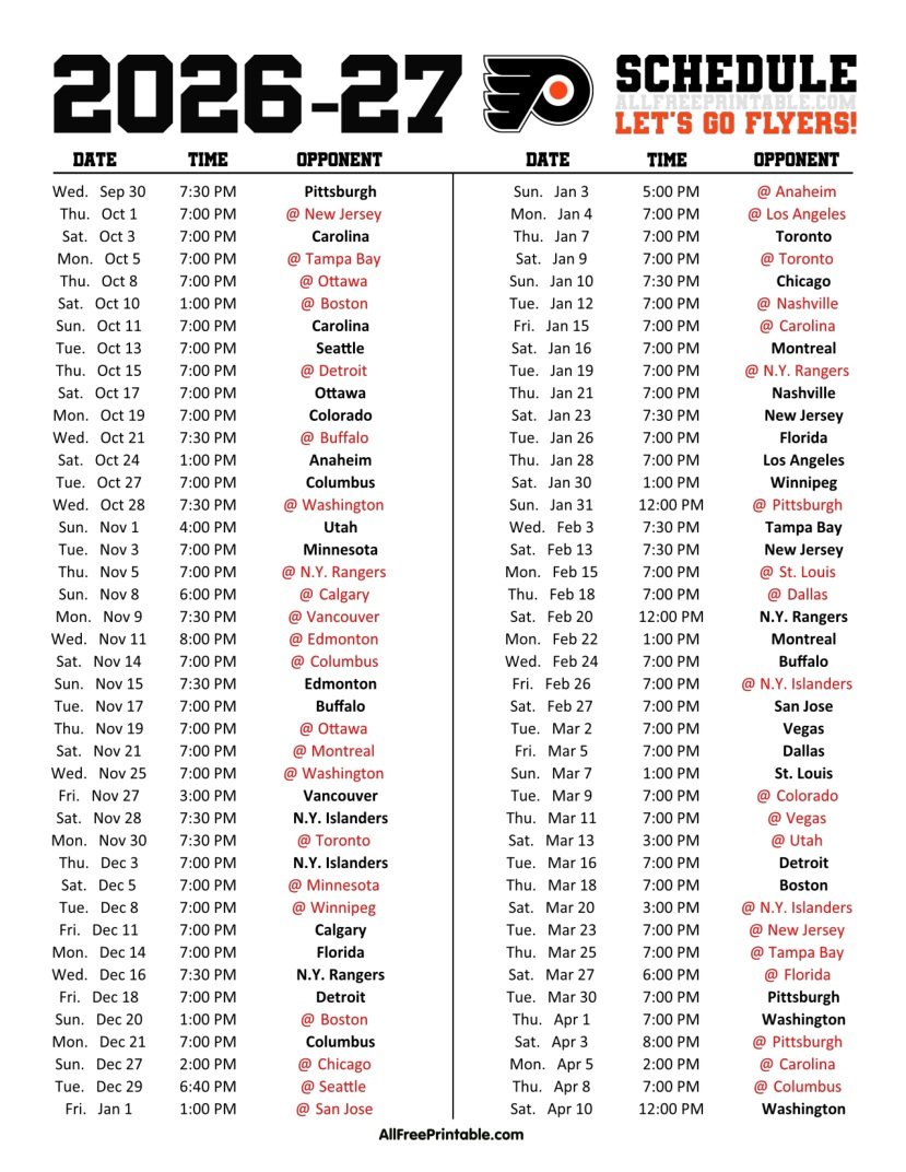 Free Printable 2026-27 Philadelphia Flyers Schedule PDF
