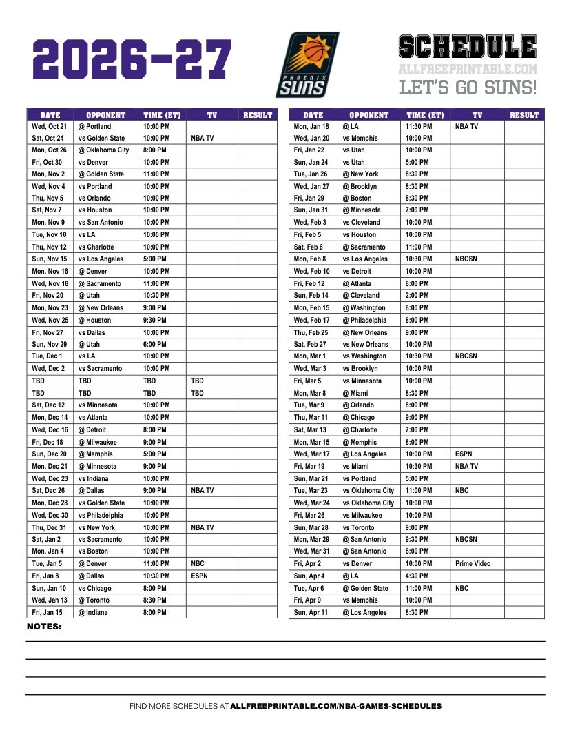 Free Printable 2026-27 Phoenix Suns Schedule PDF