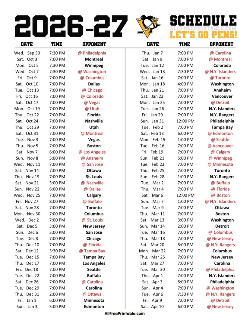 Free Printable 2026-27 Pittsburgh Penguins Schedule PDF