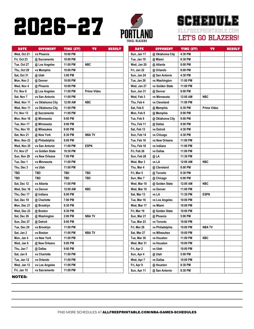 Free Printable 2026-27 Portland Trail Blazers Schedule PDF