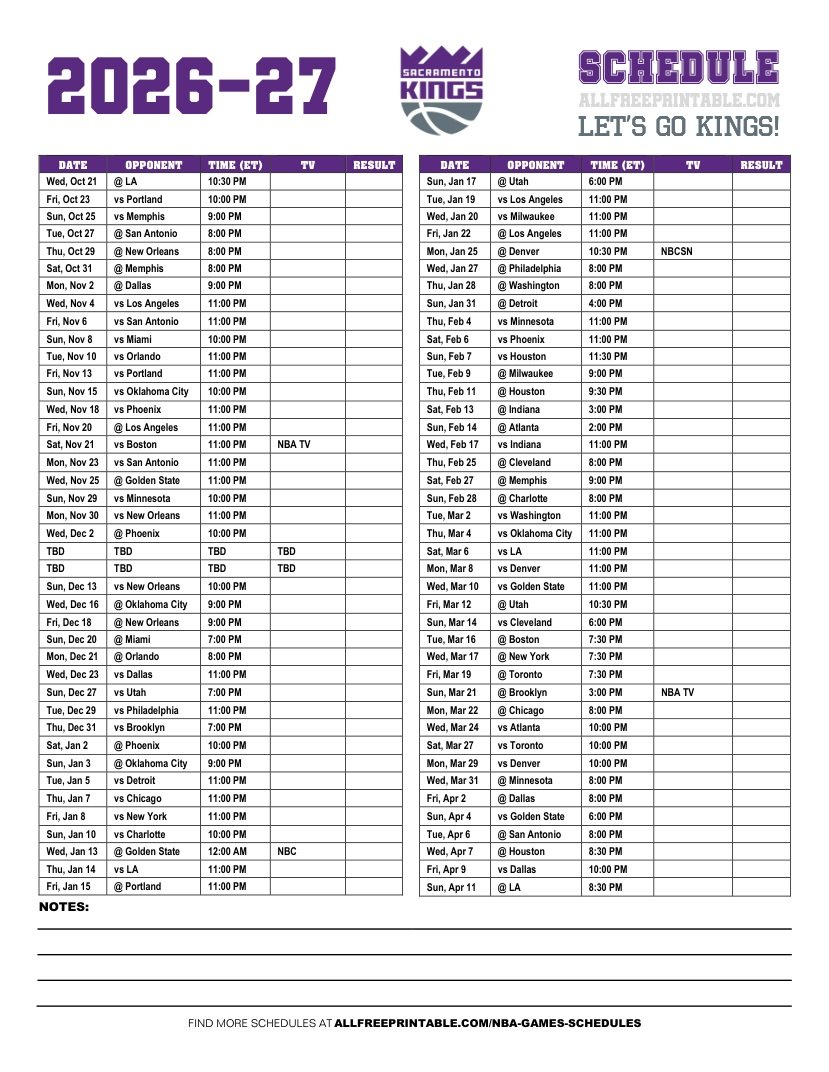 Free Printable 2026-27 Sacramento Kings Schedule PDF