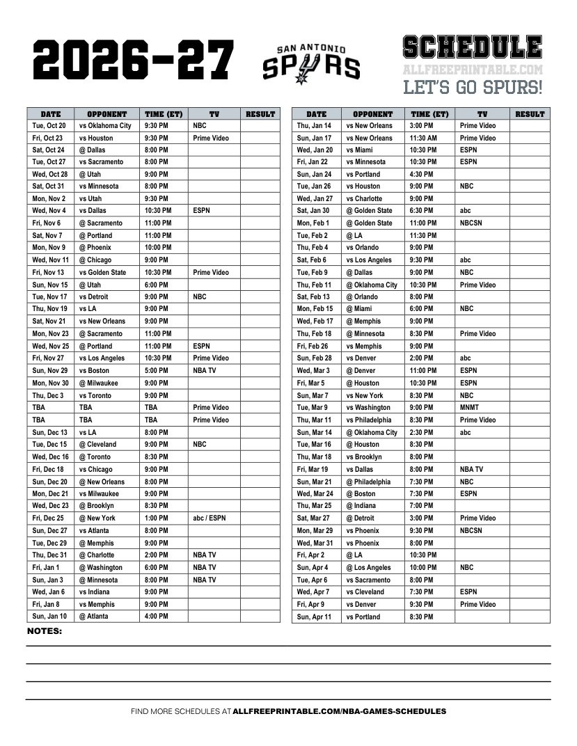 Free Printable 2026-27 San Antonio Spurs Schedule PDF