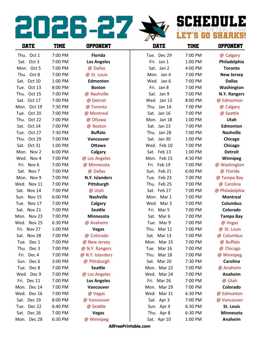Free Printable 2026-27 San Jose Sharks Schedule PDF