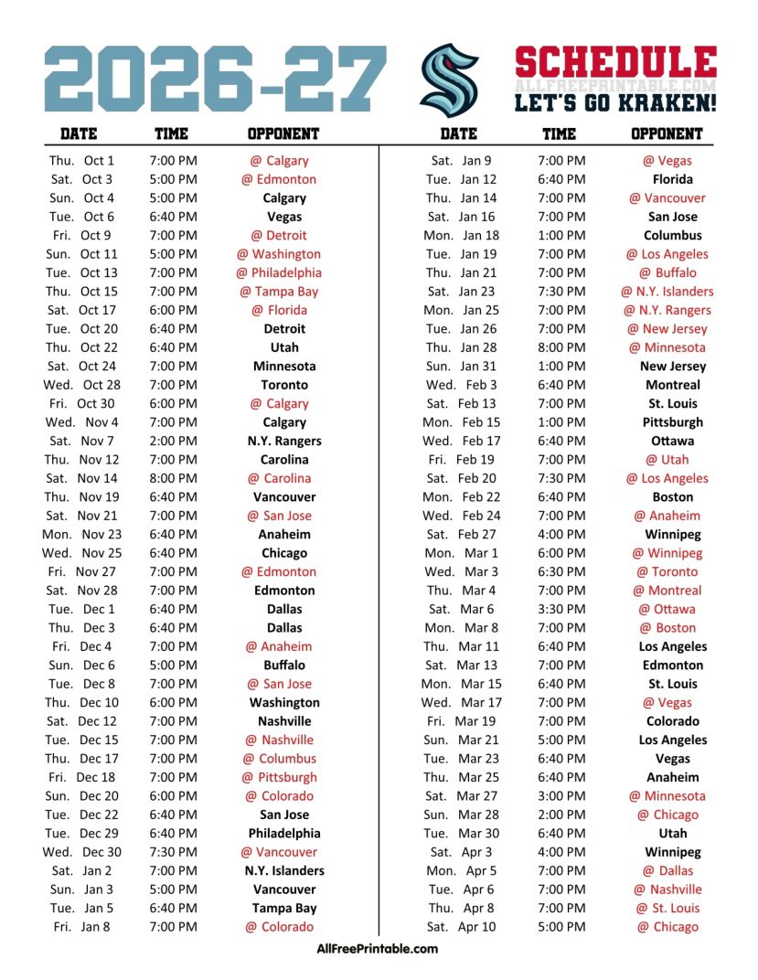 Free Printable 2026-27 Seattle Kraken Schedule PDF