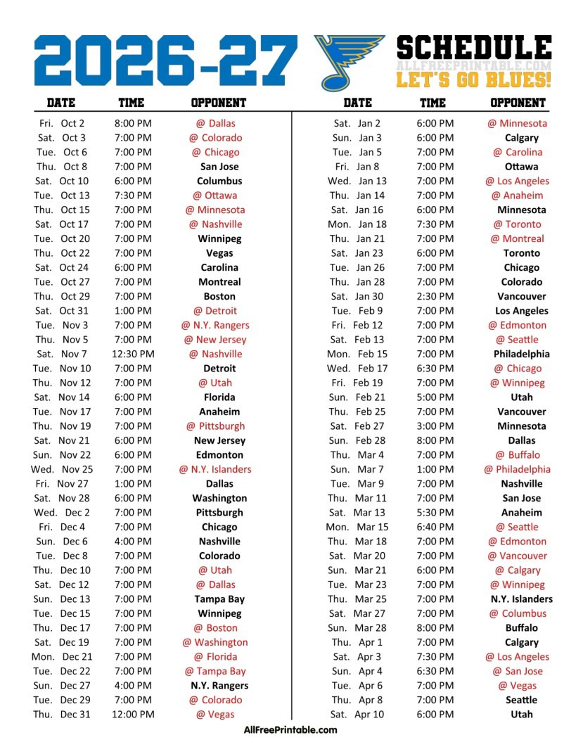 Free Printable 2026-27 St. Louis Blues Schedule PDF