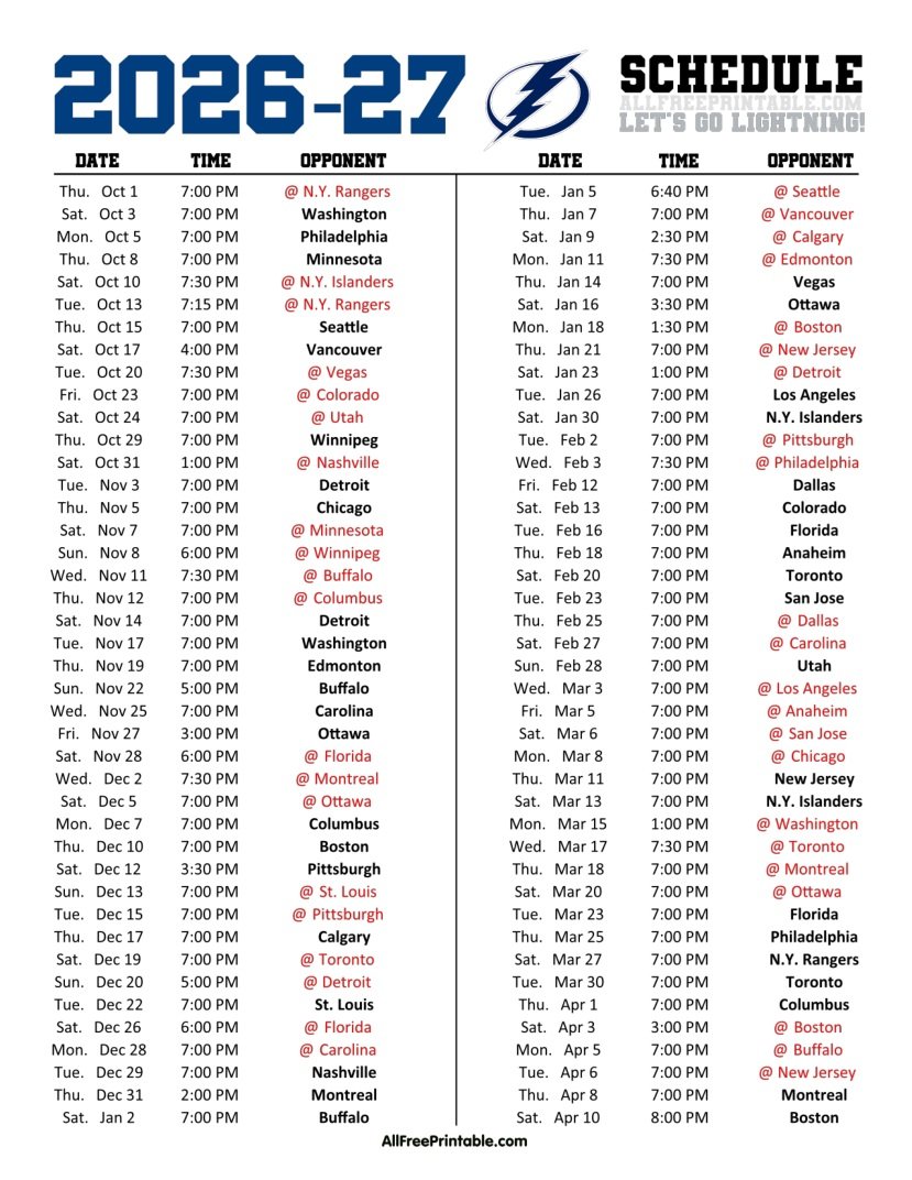 Free Printable 2026-27 Tampa Bay Lightning Schedule PDF