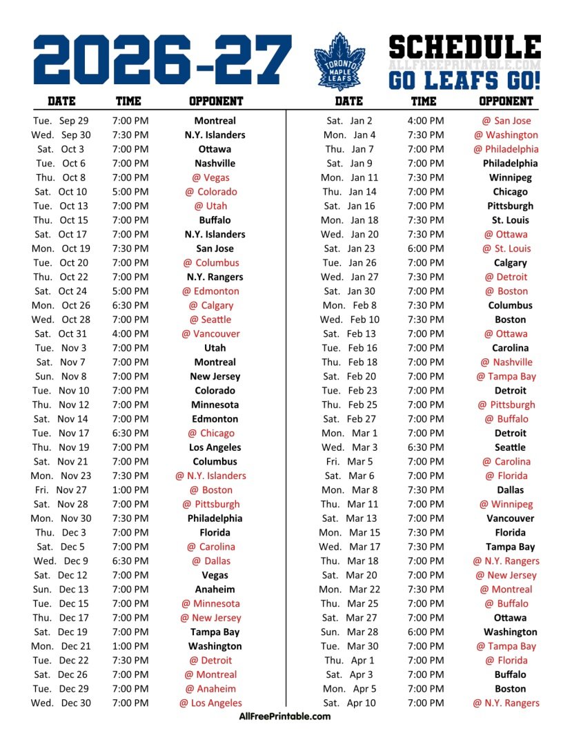 Free Printable 2026-27 Toronto Maple Leafs Schedule PDF