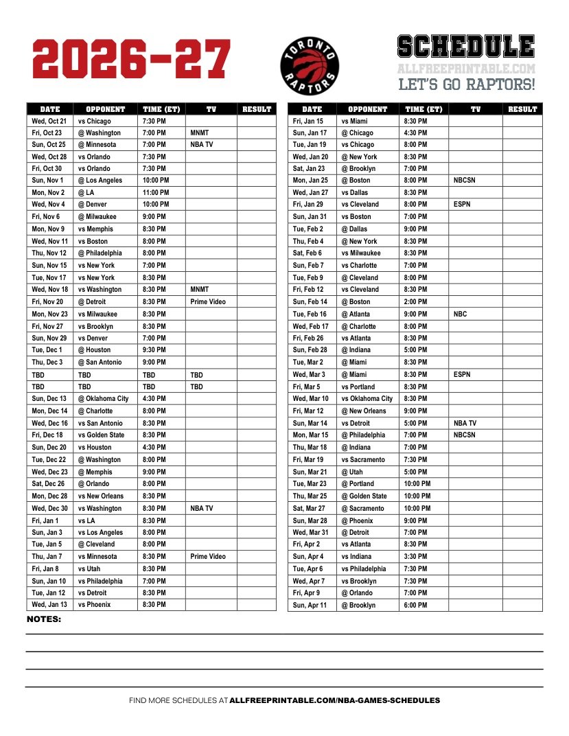 Free Printable 2026-27 Toronto Raptors Schedule PDF