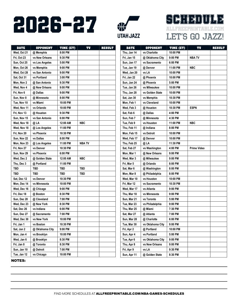Free Printable 2026-27 Utah Jazz Schedule PDF
