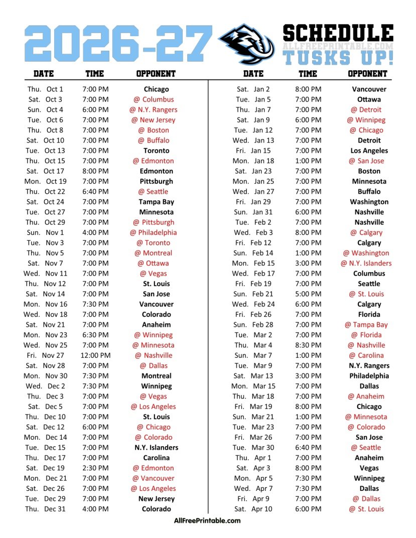 Free Printable 2026-27 Utah Mammoth Schedule PDF Free Printable 2026-27 Utah Mammoth Schedule PDF