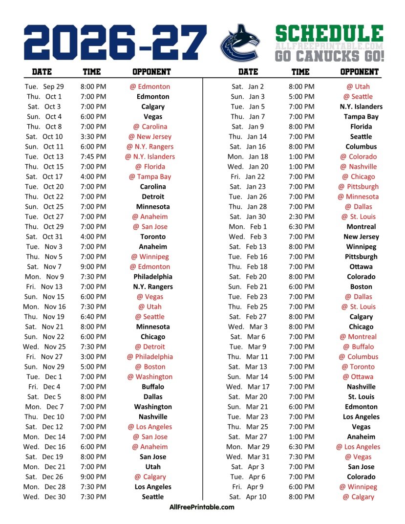 Free Printable 2026-27 Vancouver Canucks Schedule PDF