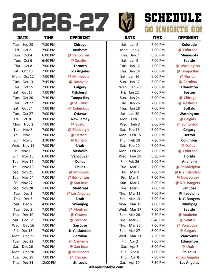 Free Printable 2026-27 Vegas Golden Knights Schedule PDF Free Printable 2026-27 Vegas Golden Knights Schedule PDF